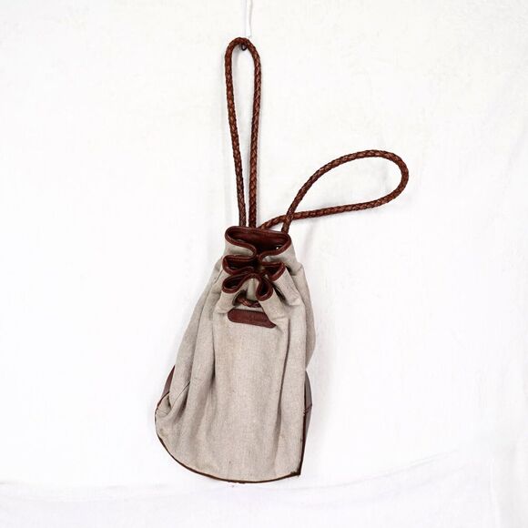 Vintage Ralph Lauren Drawstring Bucket Bag Linen & Brown Leather Braided Strap - Picture 3 of 11